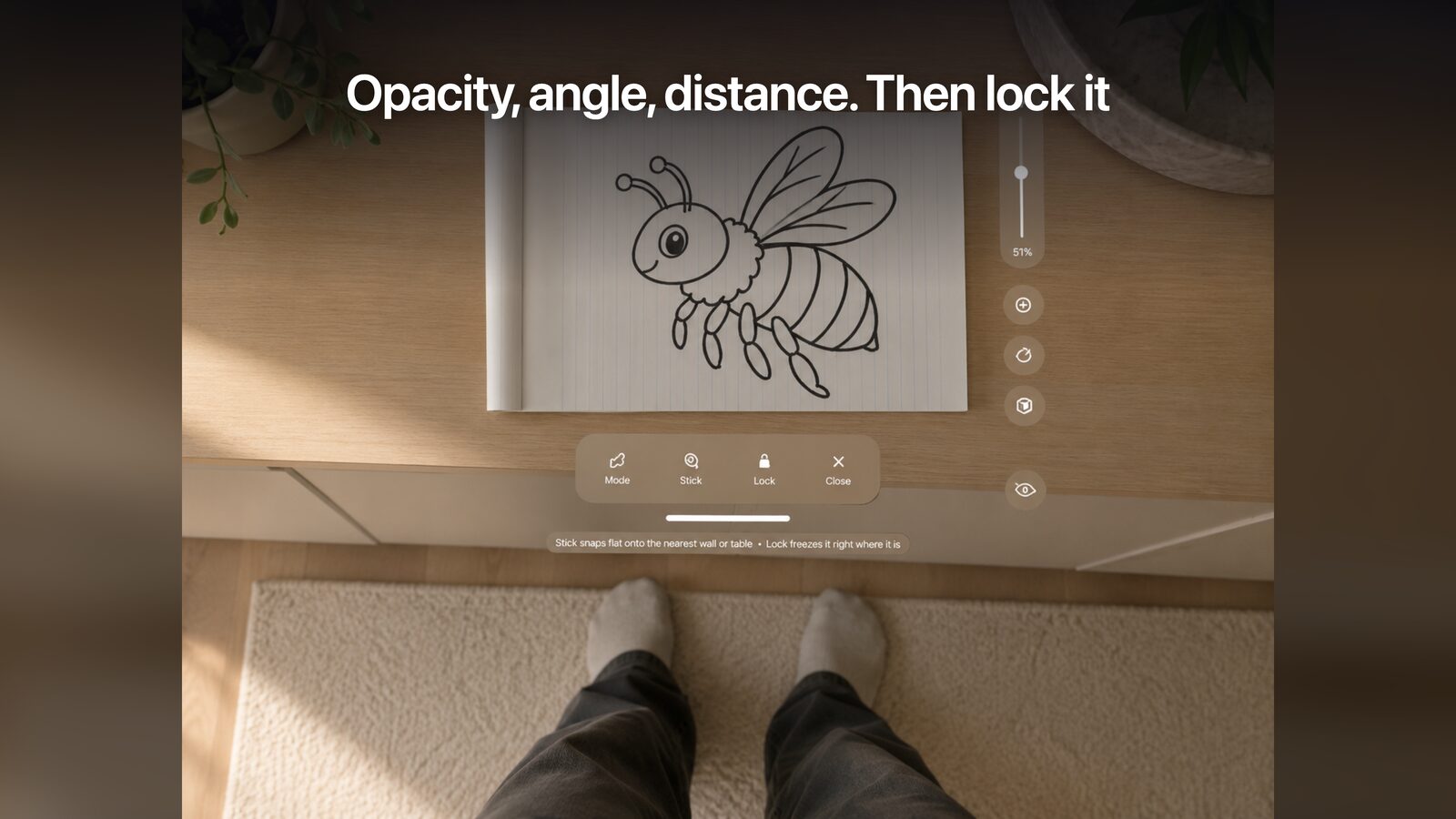 On-image controls for opacity, angle, and distance